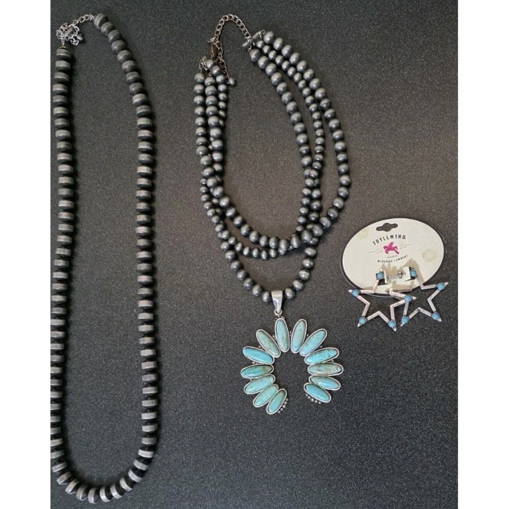 3pc Blossom Necklace Faux Turquoise Beaded Southwestern Boho Western Jewelry NEW